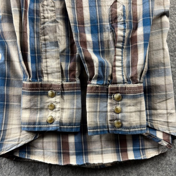 Wrangler Mens Western Blue Brown Plaid Pearl Snap Long Sleeve Shirt Medium - Picture 12 of 14